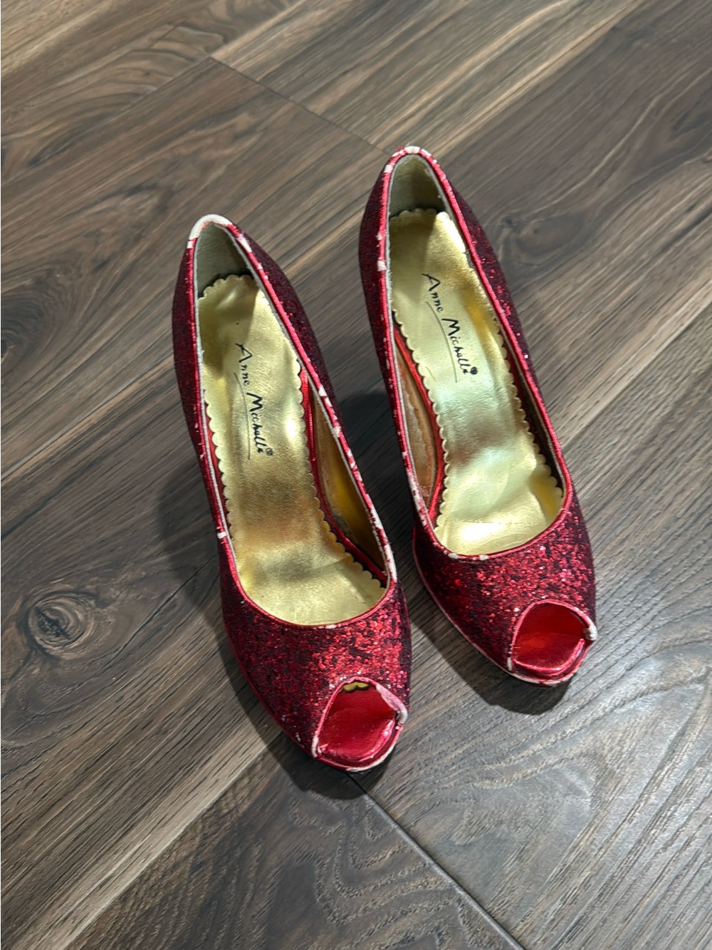 Anne Michelle Red Glitter Peep-Toe Heels with Gold Insole